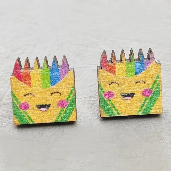 WOODEN rainbow pencil/ crayon earrings new - Picture 3 of 3